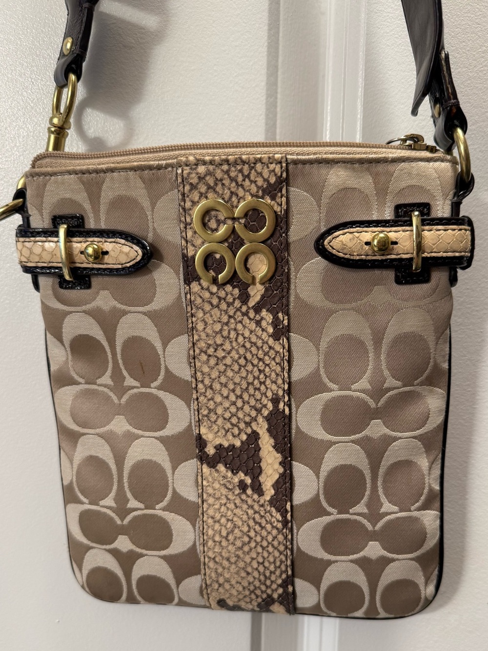 Coach Beige Signature Crossbody with Snake-Print Trim and Gold Hardware
